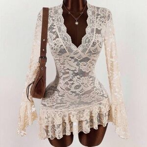 AMPLOVA (SHEIN) Summer Hippie SHEER Lowcut Mini Dress. Apricot.